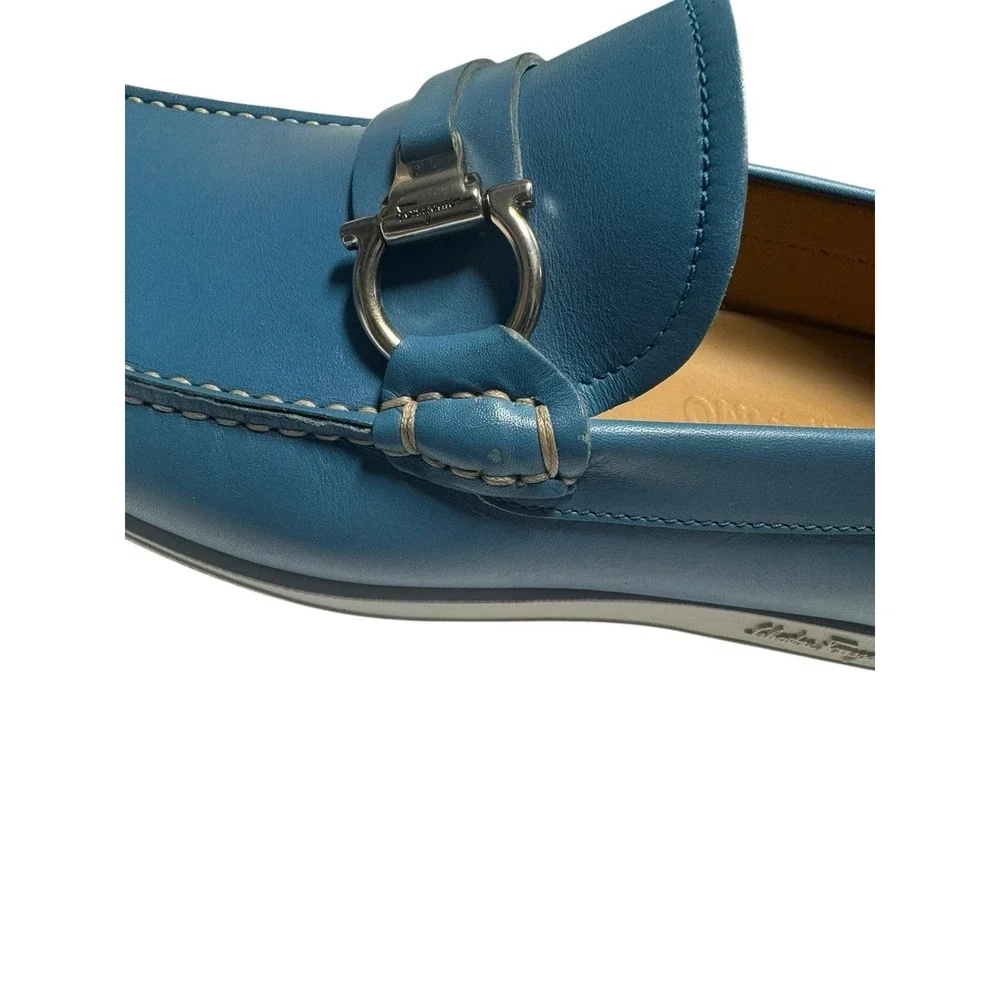 Salvatore Ferragamo Blue Leather Gancini Driver Loafers Men's‎ Italy Luxury